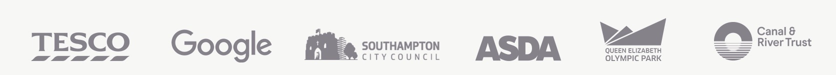 Client logos: Tesco, Google, Southampton City Council, ASDA, Queen Elizabeth Olympic Park, Canal & River Trust